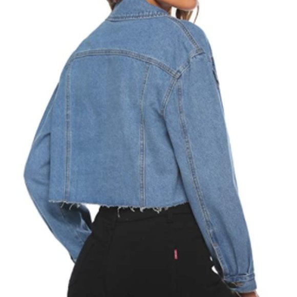 Women's Denim Jacket Long Sleeve Cropped Oversize - Picture 2 of 3